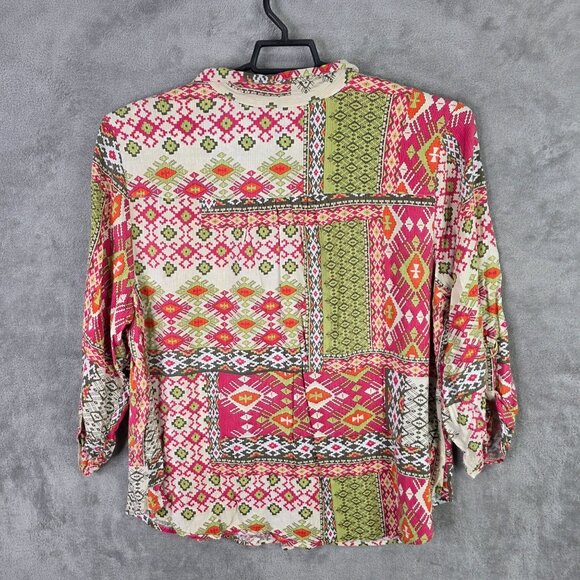 Womens Ruby Rd Multicolor Aztec Print Blouse V Neck Roll Tab Sleeve Rayon 2X - Picture 5 of 8